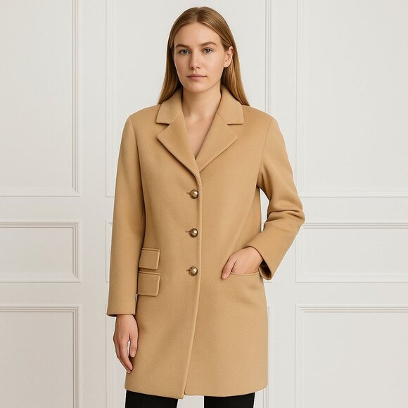 St John Angora Wool Cashmere Camel Coat Hammered Silvertone Buttons - Picture 1 of 11